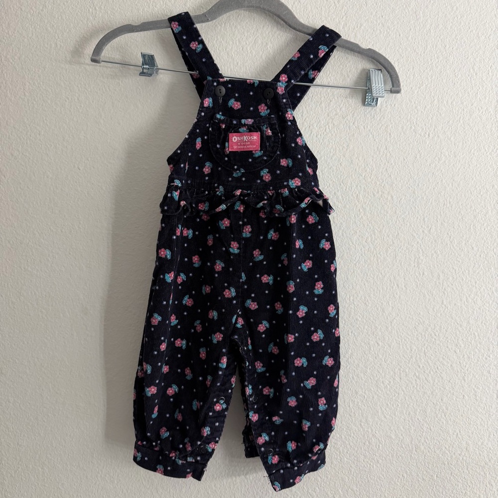 Vintage OshKosh B'gosh Toddler Corduroy Floral Print Button Snap Overalls 18M